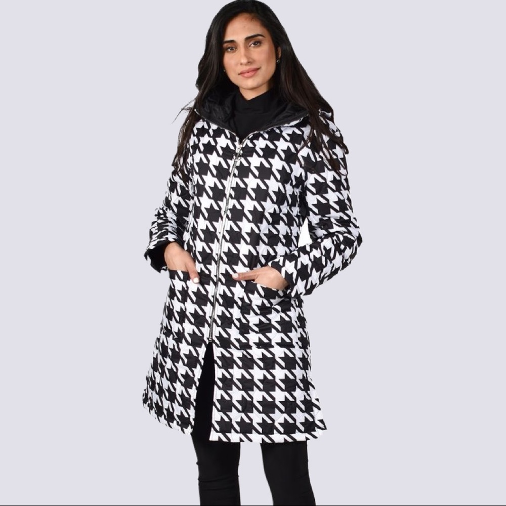 NWOT🌺Frank Lyman Houndstooth Long Woven Coat with Hood